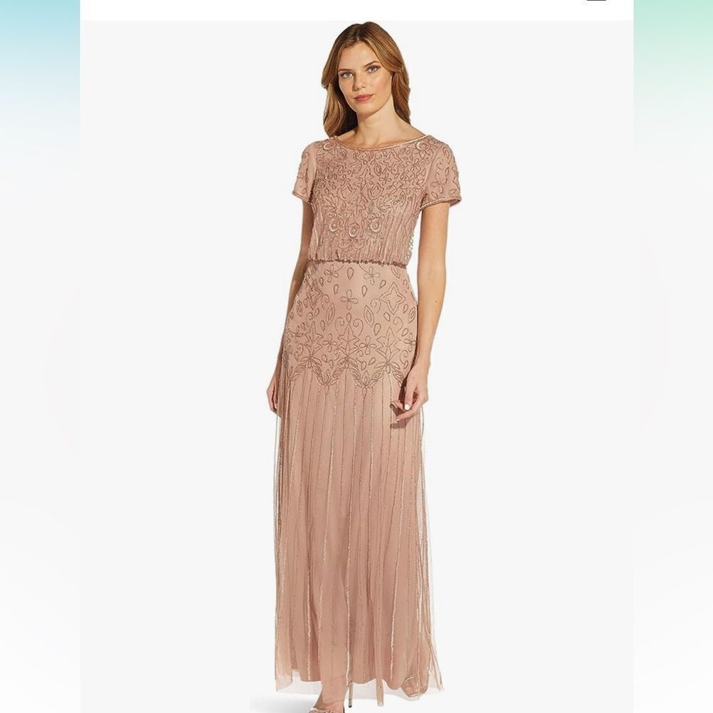 Adrianna Papell Boat Neck embellished mesh blouson tan evening formal dress sz 6